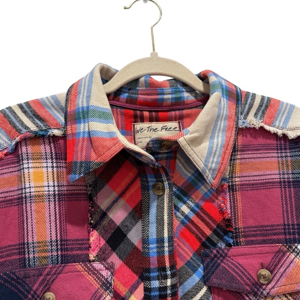 Free People We the Free Patched Up Plaid Cotton Shirt Oversized Grunge Pink XS - Picture 6 of 16